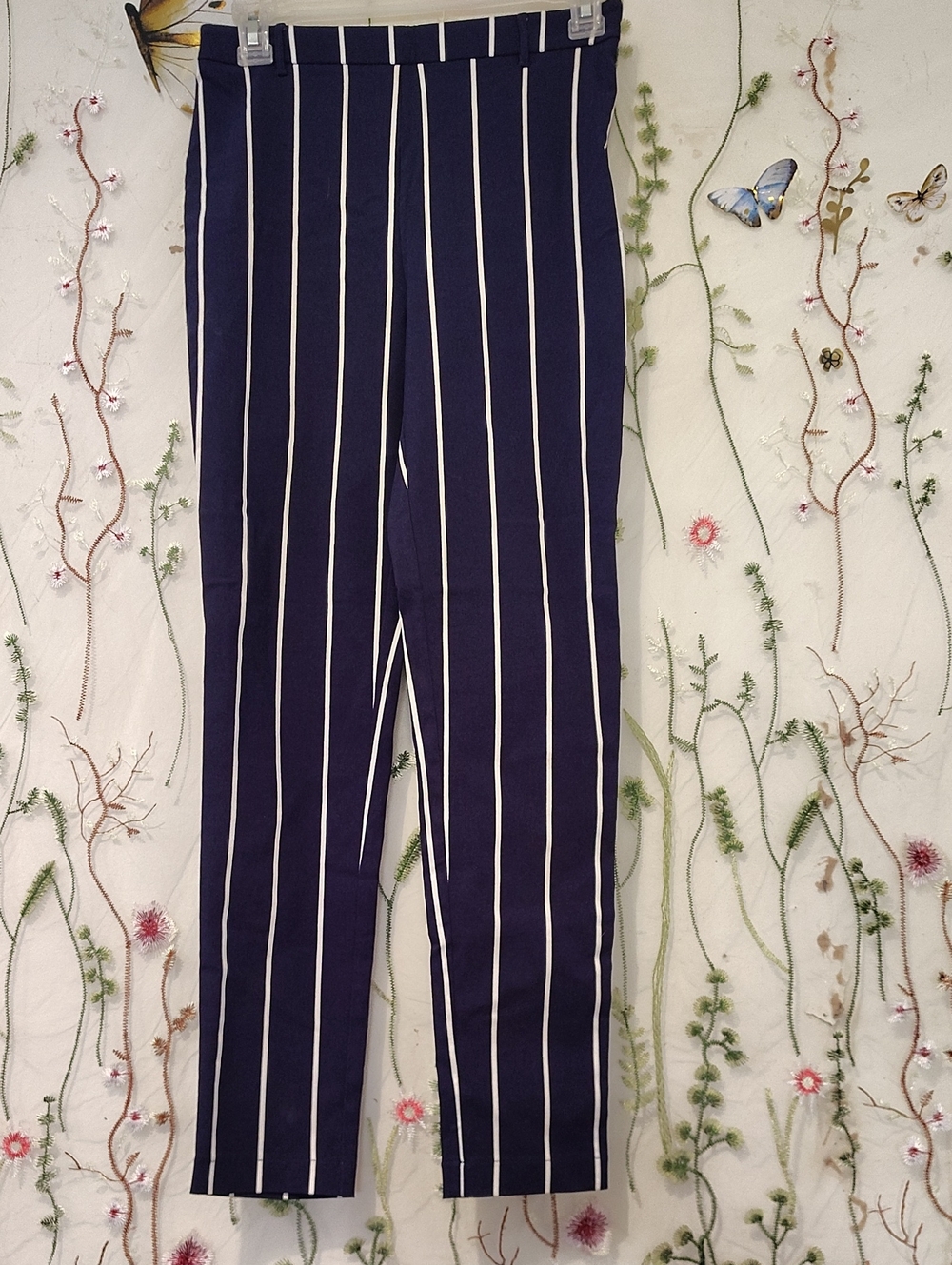 Forever 21 High Waisted Striped Trousers Navy Ankle Length Excellent Condition